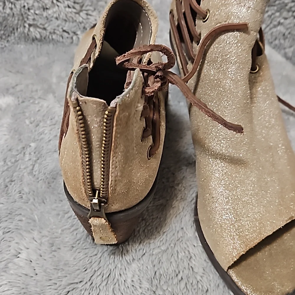 OTBT Tan Suede Open-Toe Lace-Up Ankle Booties